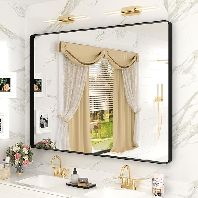 48x36 Matte Black Bathroom Mirror, Modern Rectangle Metal Framed Mirrors for Wall, Rounded Corners, Shatter-Proof (Horizontal/Vertical)