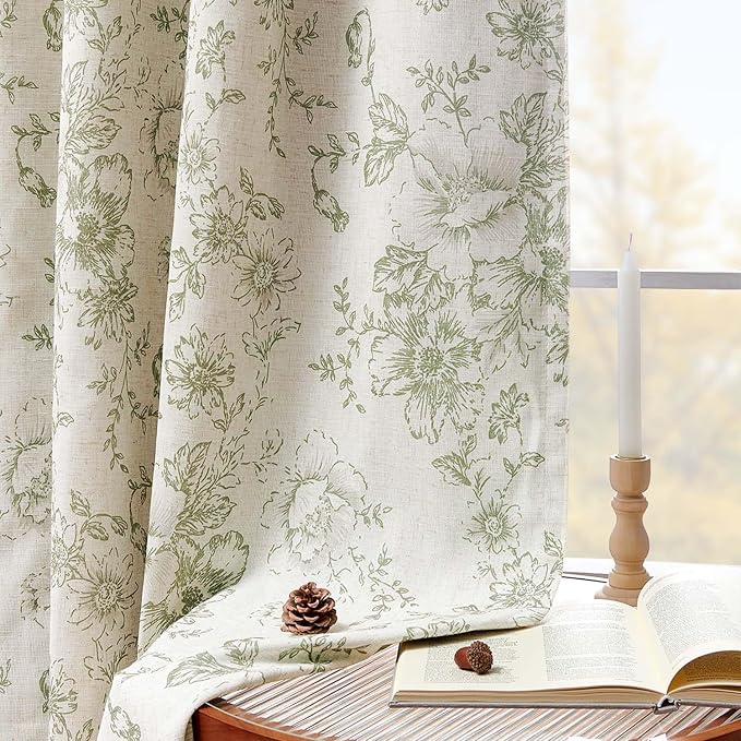 jinachan Blackout Curtains Linen Blend Floral Curtain for Living Room 84 Inch Length Christmas Sage Green Flower Printed with Lined Blackout Drapes for Bedroom Farmhouse Curtains Set 2 Panels