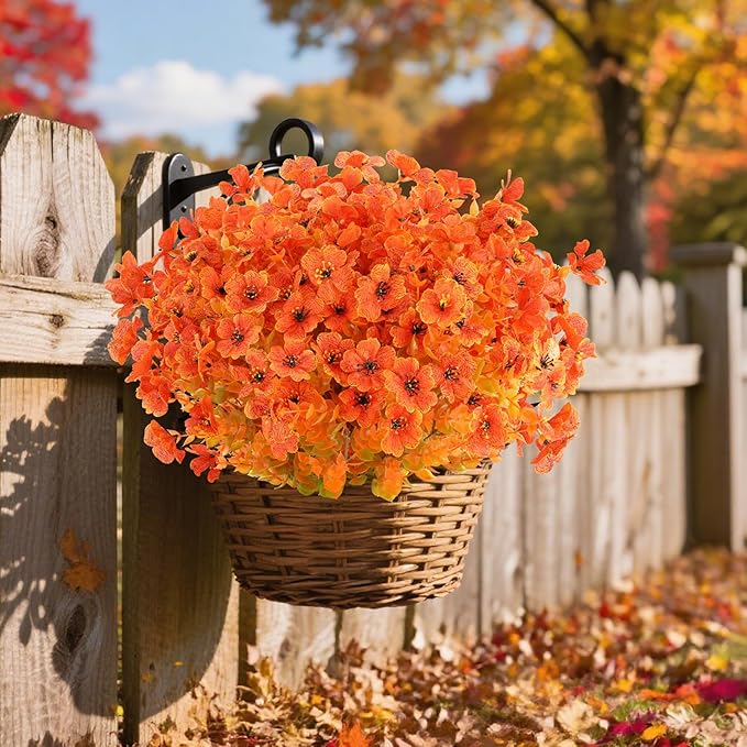 AmyHomie 16 Bundles Fall Orange Artificial Flowers for Outdoor Fall Decor UV Resistant Faux Flowers No Fade Fake Plastic Plants Garden Porch Window Box Decorating