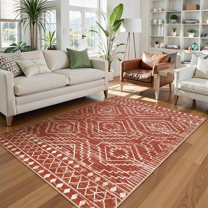 Wonnitar Moroccan 4x6 Bedroom Area Rug, Washable Soft Rug for Living Room, Non-Slip Bohemian Large Rug Non-Shedding Low Pile Floor Carpet for Kitchen Guest Room Entrance (Brown,4'x6')