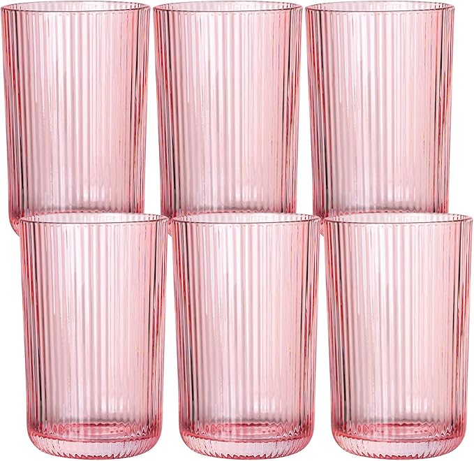 Pink Ribbed Highball Glasses Set of 6, 13.2oz Pink Colored Glassware, Drinking Glasses for Water, Juice, Iced Coffee, Cocktails, Pink Glass Cups, Housewarming Christmas Gift