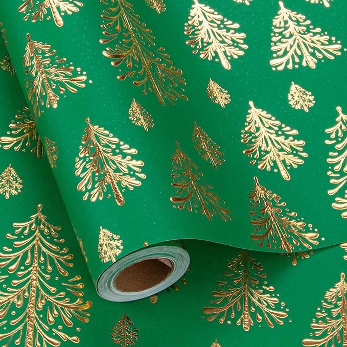 Flyhill Kraft Christmas Wrapping Paper, Green 3D Embossed Gold Foil Christmas Pine Tree with Woodlands Wrap Paper for Holiday, Party,Celebration, New Year (17 Inch X 32.8 Feet)