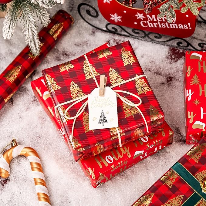 MAYPLUSS Christmas Wrapping Paper Roll, Red Plaid Wrapping Paper, Classic Red Christmas Tree and Plaid Gift Wrap with Metallic Foil Shine for Holiday Gift Packaging (17 Inch X 16.5 Feet)