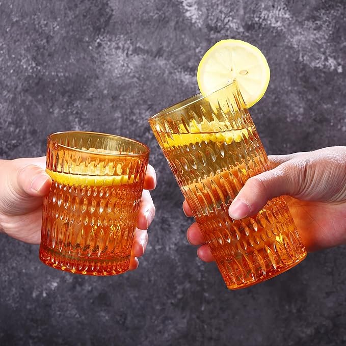 Loivttvv Glassware Drinking Glasses Set of 8, 14 oz Highball Glasses & 10 oz Ribbed Glass Cups, Vintage Glassware for Water, Juice, Cocktail (Thanksgiving Amber)