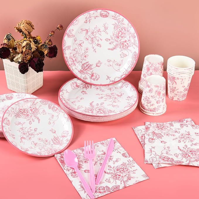 175Pcs Pink Floral Paper Plates and Napkins 25 Guests Pink White Toile Chinoiserie Party Supplies Set Include Plates Napkins Cups Spoons Forks Knives for Christmas Birthday Wedding Mother's Day