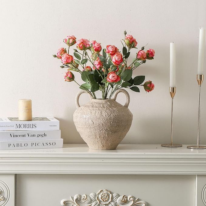Ceramic Flower Vase, Large Farmhouse Vases Home Decor, Handmade Rustic Vase with Handles, Decorative Flower Vase for Home Entryway Living Room Dining Table Farmhouse Office Decor(8.6inch)