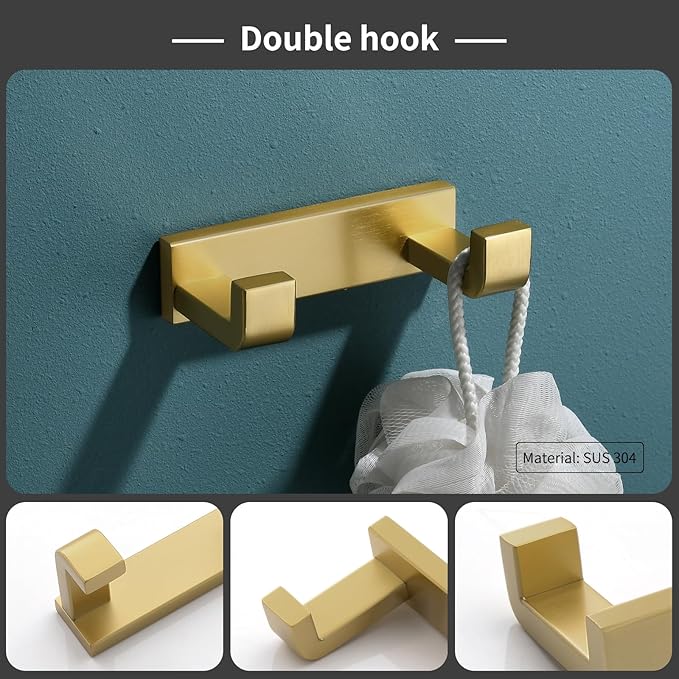 Bathroom Hardware Accessories Set Brushed Gold Towel Bar Set Square Bathroom Accessories Kit 4-Piece Towel Holder Set Stainless Steel Wall Mounted,23.6 Inch Towel Bar