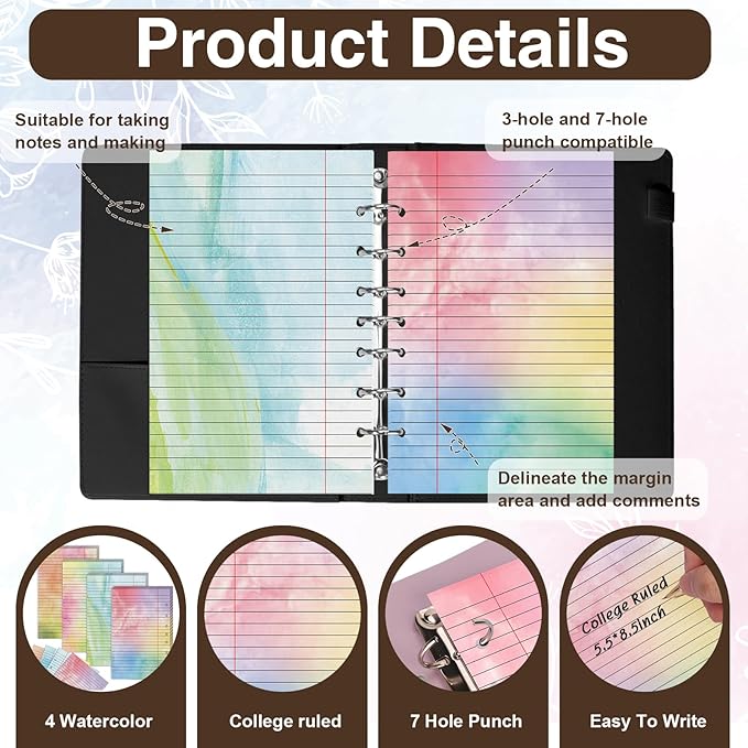 100 Sheet 5.5" x 8.5" Colored Loose Leaf Paper Half Letter Lined Paper 7 hole punched Wide Ruled Paper Refills College Ruled Notebook Paper Watercolor 80GSM For 3 Or 7 Ring Binders