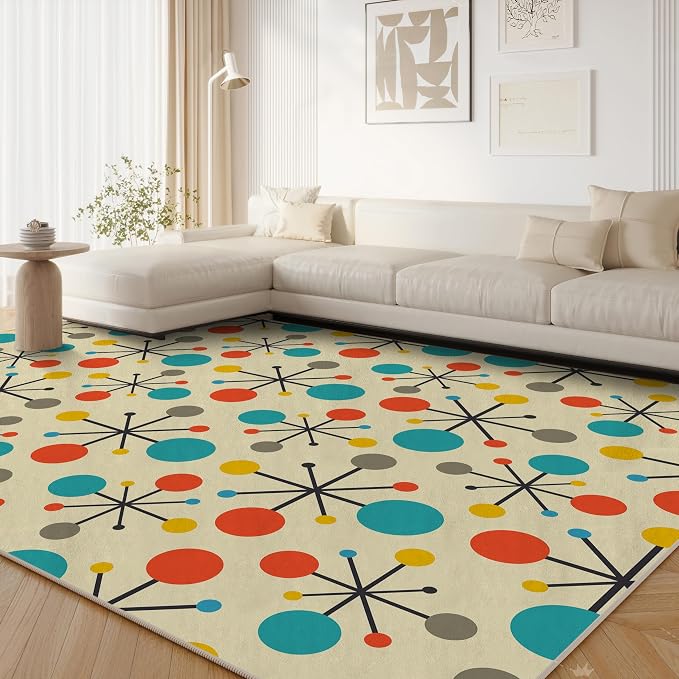 Retro Area Rug for Living Room Bedroom Dining Room 5x7, Mid Century Modern Atomic Living Room Rug Non-Slip, Yellow Floor Rug Carpet Machine Washable