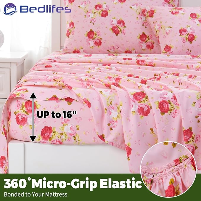 Bedlifes Queen Floral 4-Piece Sheet Set - Cooling Sheets Blend Rayon Derived from Bamboo,Soft & Breathable, Deep Pocket 16", Wrinkle Resistant - Vibrant Boho Floral in Rose Pink