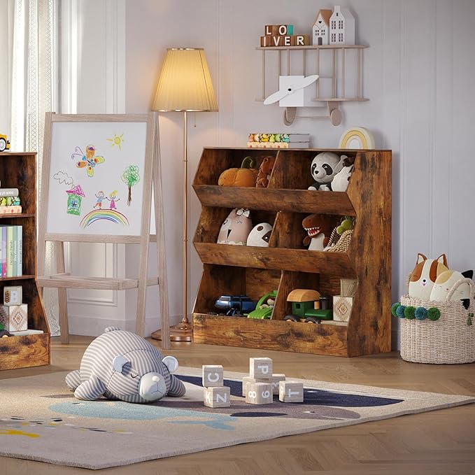 DINZI LVJ Toy Storage Organizer, Kids Bookshelf, Wooden Toy Storage Cabinet, 6 Cubby Children Bookcase, 39.4" L Toddler Book Shelf for Playroom, Living Room, Nursery, Hallway, School, Rustic Brown