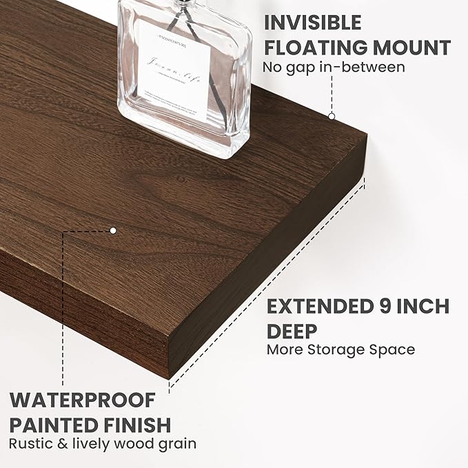 Marsmiles Solid Wood Floating Shelves for Wall, 24”W x 9”D x 1.56”H Large Wall Shelves for Living Room Bedroom Bathroom Kitchen Drcor Storage with Invisible Heavy-Duty Metal Bracket, Walnut, Set of 2