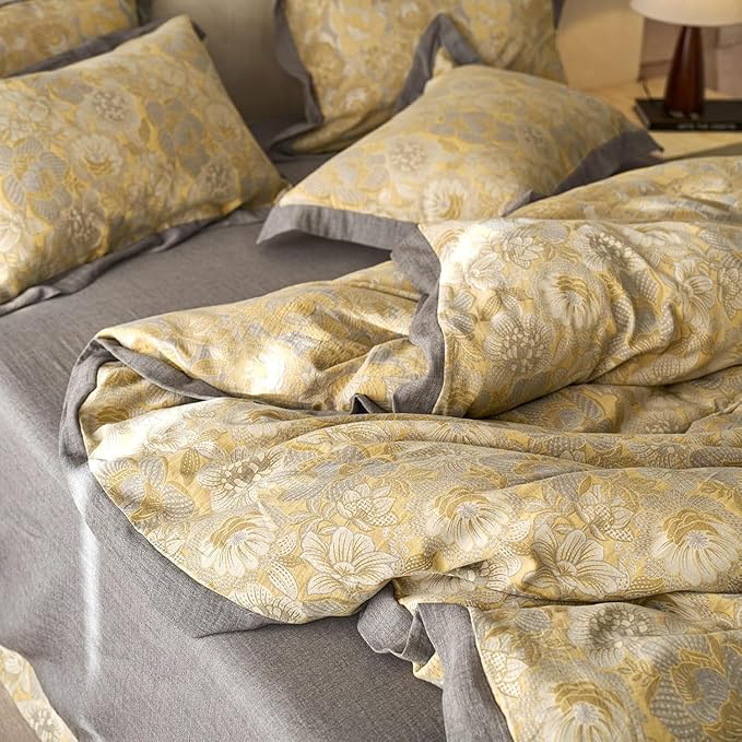 Golden Floral Duvet Cover Twin XL Vintage Jacquard Flower Bedding Set Linen Cotton Yarn-Dyed Textured Duvet Cover Bordered Farmhouse Boho Floral Comforter Cover with Zipper Closure Cozy Breathable