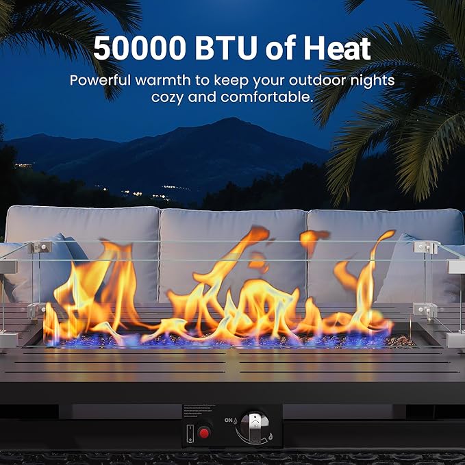 FansaFurn Black Propane Fire Pit Table, 50000 BTU Gas Fire Pits Table with Removable Lid and Lava Rock, Rectangular Fire Table with Cover, Ideal for Dining or Party on Patio, 43'', Garden, Yard
