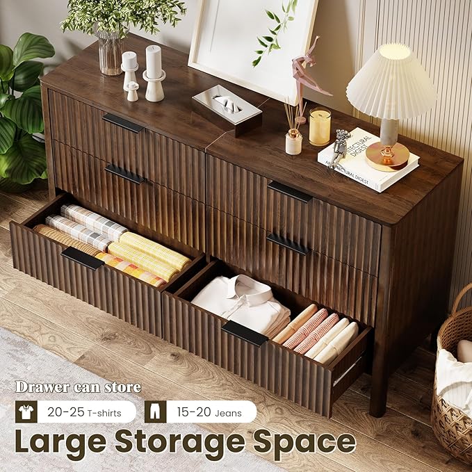 55" Wide Fluted 6 Drawer Dresser for Bedroom, Wooden Dresser Modern Chest of Drawers TV Stand Dressers with Organizer Storage for Bedroom, Living Room, Entryway, Hallway, Walnut