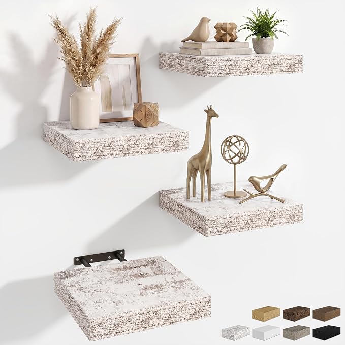 RICHFOCUS 8 Inch Floating Shelves for Wall Small Square Shelves Set for Plant|Bedroom|Kitchen|Bathroom Rustic Wood Wall Mounted Shelf with Invisible Brackets for Books|Storage|Decor, Rustic White