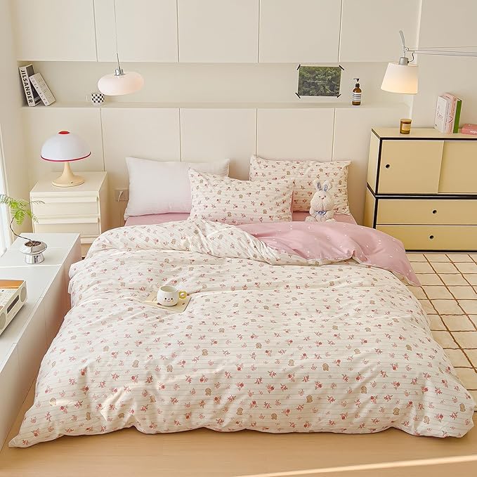 AOJIM Soft Cotton Duvet Cover Queen Size, 1 Comforter Cover 90x90 Inches with Zipper Closure and 2 Pillowcases, Kids Adults Queen Duvet Cover Set for Room Decor (No Comforter), Floral and Rabbit, Pink