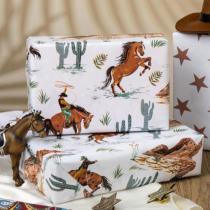 Homeral Reversible Cowboy Wrapping Paper Roll - 17In x 32.8Ft Western Gift Wrap with Rodeo Horse and Star Pattern for Boys Birthday, Fathers Day, Bachelor Party, Christmas, Farm Theme, Holiday