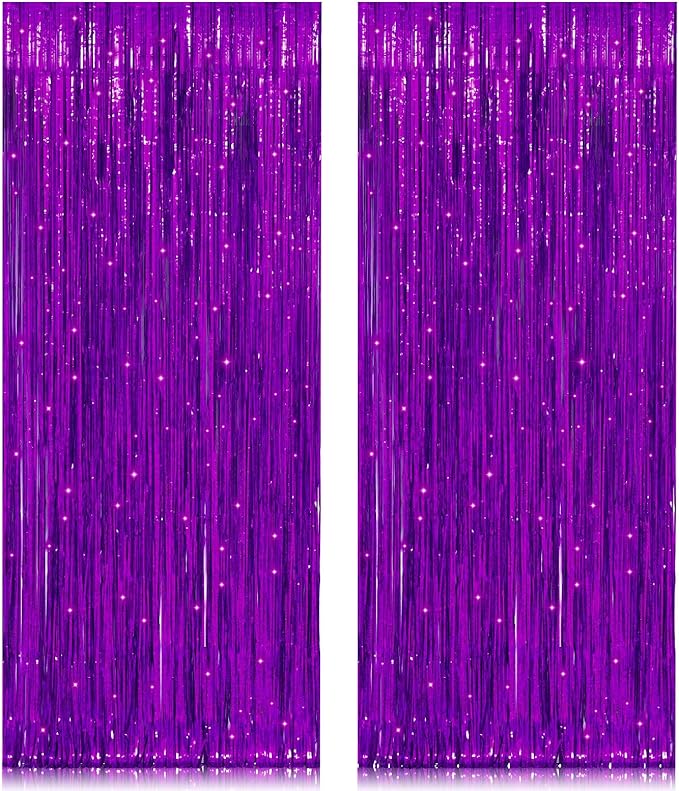 2 Pack 3.2ft x 8.2ft Purple Metallic Tinsel Foil Fringe Curtains, Large Photo Booth Backdrop Streamer Curtain for Party Door Wall Curtains Wedding Bachelorette Birthday Christmas New Year Decorations