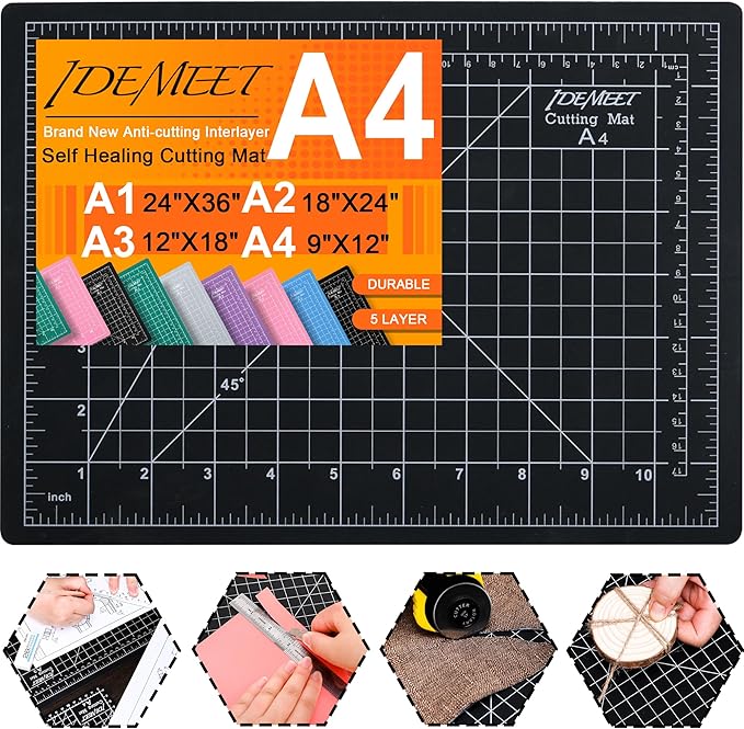 Density-upgraded 9"x12" Self Healing Cutting Mat, Idemeet Rotary Sewing Mat for Crafts, 5-Ply Blade Table Protector Cut Board for Fabric Leather Cutting Quilting Modeling Hobby Project, A4, Black