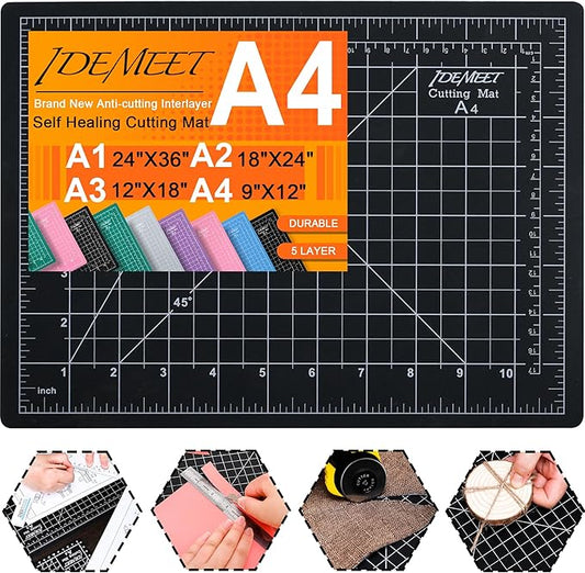 Density-upgraded 9"x12" Self Healing Cutting Mat, Idemeet Rotary Sewing Mat for Crafts, 5-Ply Blade Table Protector Cut Board for Fabric Leather Cutting Quilting Modeling Hobby Project, A4, Black