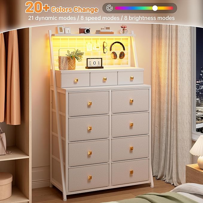 51" H Dresser for Bedroom with LED, 11 Drawer Dresser with Wire Grid Panels & Open Shelves for Entryway, Dorm, White+Gold, 11.8" D x 33.9" W x 51.2" H
