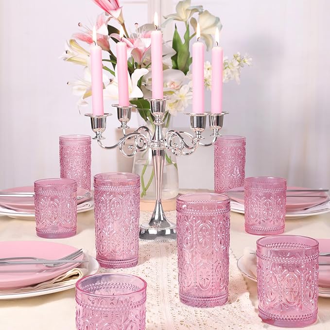 abrwyy Drinking Highball Beverage Glass Cup, Vintage Drinking Glasses, Colored Glassware Set for Party Wedding Home Office Gift, Set of 4 ,Pink