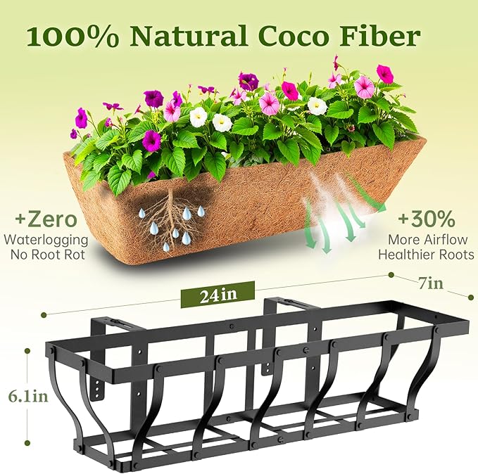 Railing Planter Boxes, Heavy Duty Window Box Planters, Adjustable Balcony Planters for Railing Hanging, with Coco Liner & Support Rod for Deck, Porch, and Patio Gardening (2 Pack, 24 Inch)