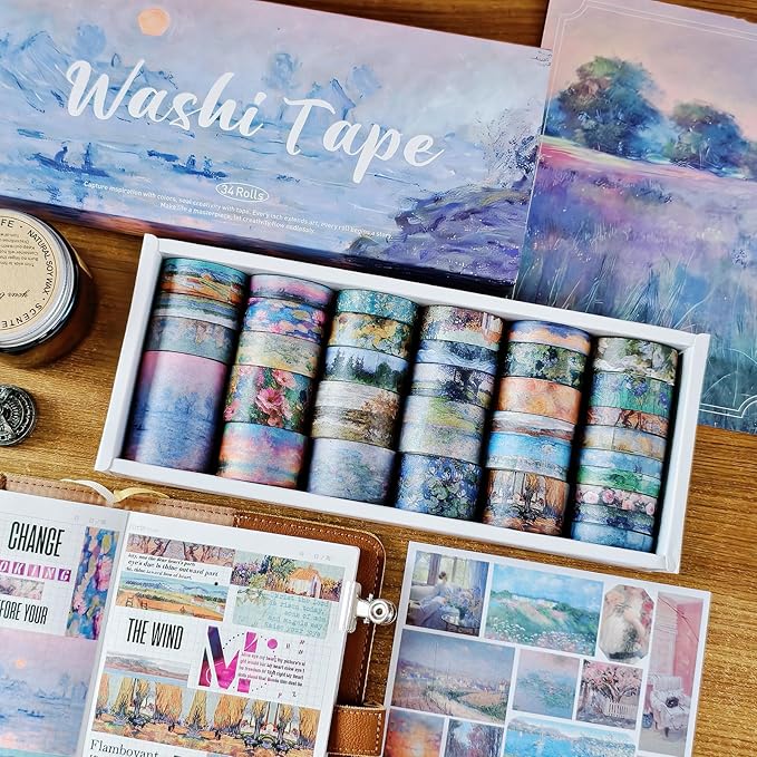 Bomichi 34 Rolls Washi Tape, Aesthetic Colored Decorative Cute Scrapbook Tape for Scrapbooking Supplies Journaling Craft Junk Journal