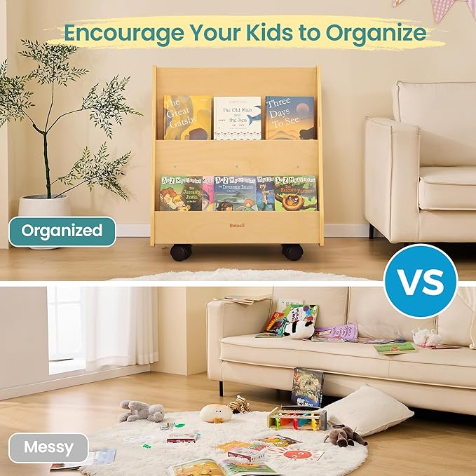 Double-Sided Kids Bookshelf, Premium Book Shelf for Kids Rooms, Toddler Book Rack Organizer with Wheels, Wooden Montessori Bookshelf & Book Storage Display for Classroom, Preschool, Nursery