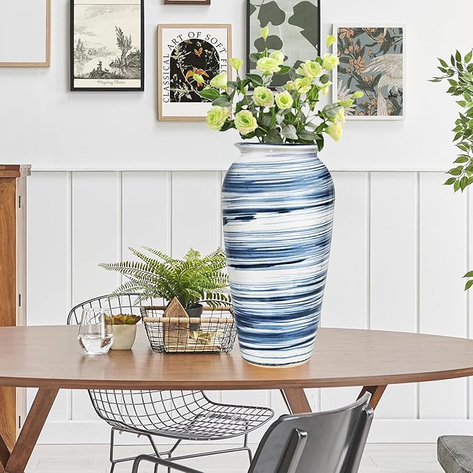 Decorative Ceramic Boho Floor Vase, 12 Inch Blue White Striped Tall Modern Flower Vase for Home Decor, Smooth Glaze Pottery Decor for Living Room,Entryway,Office,Shelf,Centerpieces Decor,Housewarming