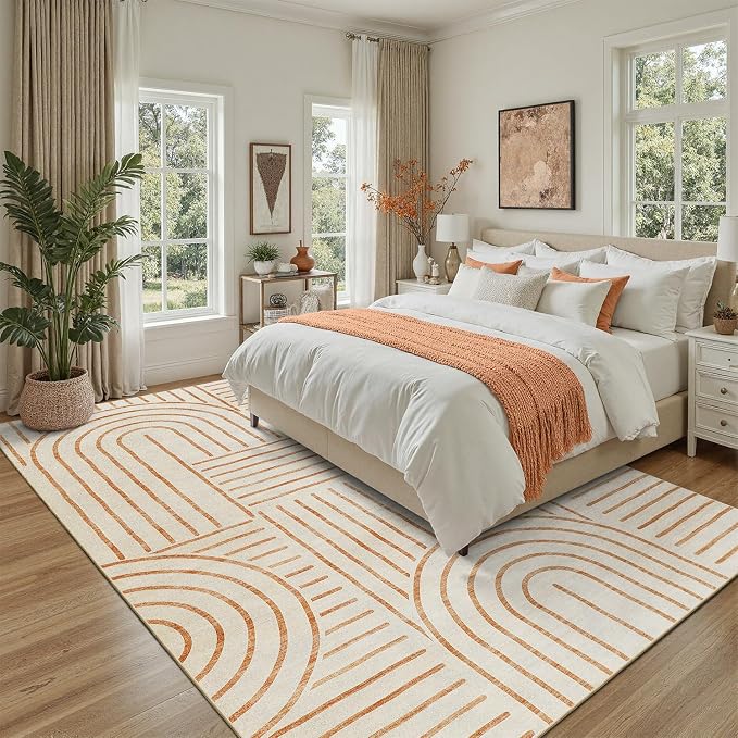DCX Beige Machine Washable Area Rug 9x12, Midcentury Modern Non Slip Stain Resistant Rug 9x12 for Living Room, Playroom, Dining Room, Soft Low Pile Large Carpet