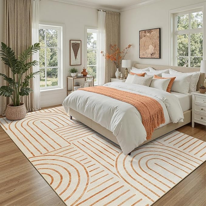 DCX Beige Machine Washable Area Rug 4x6, Midcentury Modern Non Slip Stain Resistant Rug 4x6 for Living Room, Bedroom, Dining Room, Soft Low Pile Large Carpet
