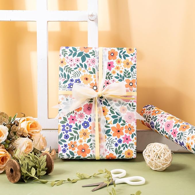WRAPAHOLIC Kraft Floral Wrapping Paper Roll - Mini Roll - 17 Inch x 33 Feet - Ditsy Flower Wrapping Paper, Perfect for Wedding, Birthday, Bridal Shower, Tea Party