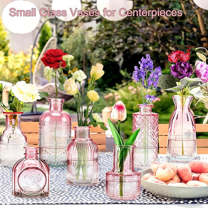 Glass Bud Vases Set of 12, 12Pcs Glass Bud Vases,Small Glass Vases for Centerpieces,Pink Vase for Flowers,Mini Vintage Flower Vase in Bulk for Rusti Wedding Home Room Office Table Decor(Pink)