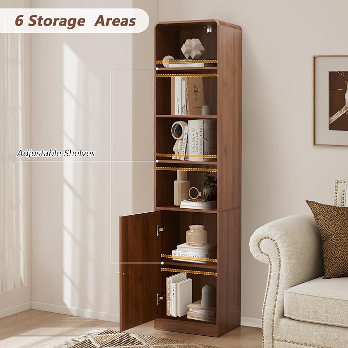 67" Tall Slim Bathroom Storage Cabinet, Narrow Bathroom Towel Cabinet with Arched Door and Adjustable Shelves, Mid Century Modern Laundry Room Organization for Small Space, Kitchen, Living Room,Walnut