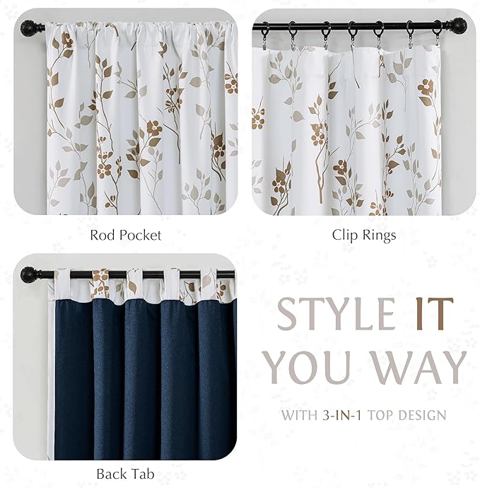 Beauoop Floral 100% Blackout Curtains 96 Inches Long 2 Panels for Bedroom Living Room Tan Brown and White Flower Patterned Room Darkening Thermal Soundproof Rod Pocket Back Tab Window Drapes, 52X96