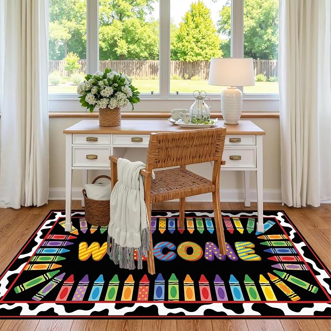 Welcome Crayon Area Rug 5'x7' Colorful Alphabet Rugs for Bedroom Living Room Nursery Playroom Classroom Home Decor Non-Slip Washable Carpet Kids Floor Mat