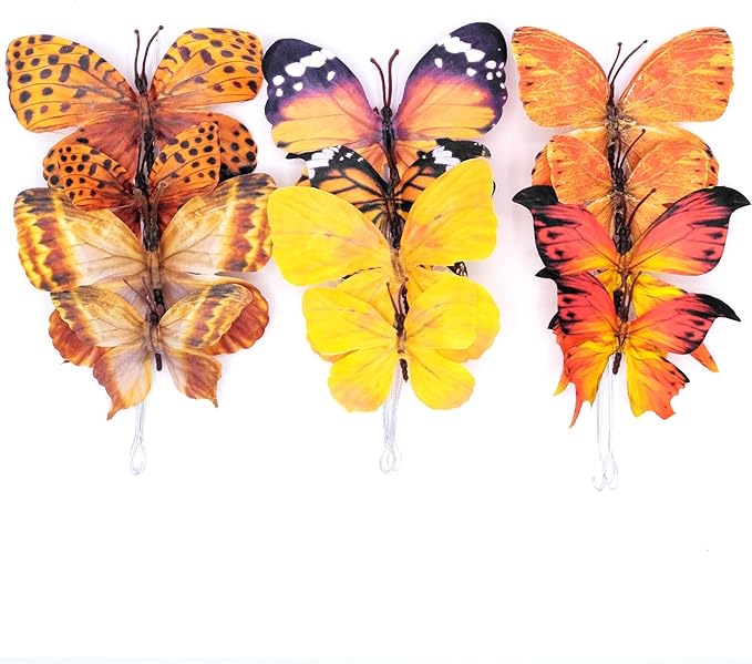 12 PCS Artificial Fabric Butterflies, 2 Sizes Reusable Butterly Crafts Decor, DIY 3D Butterfly Decorations for Fake Flowers Floral Nursery Wedding Tea Party Birthday Easter Spring. (Orange Large)