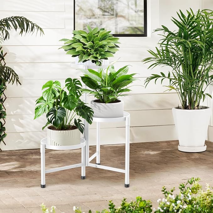 3 Tier Metal Plant Stand Indoor Outdoor, JOPBENG Corner Plant Shelf with 10 Inch Wide Tray,Flower Pot Display Holder Iron Rack Organizer Stand for Living Room Office Garden Patio Balcony Bedroom White