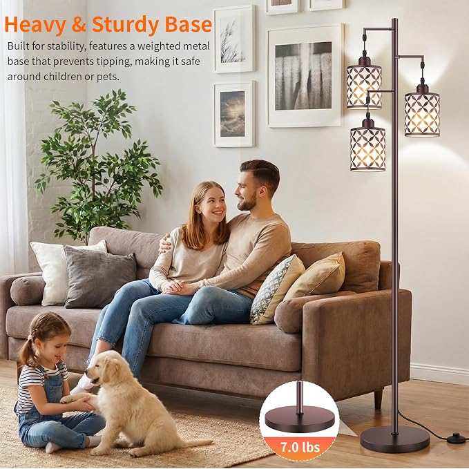 Dimmable Floor Lamp, Farmhouse Standing Lamp with Elegant Metal Cage, Industrial Tall Tree Floor Lamps for Living Room, Bedroom, Study Room, Office, 3 x 1100LM LED Bulbs Included, 72",Brown