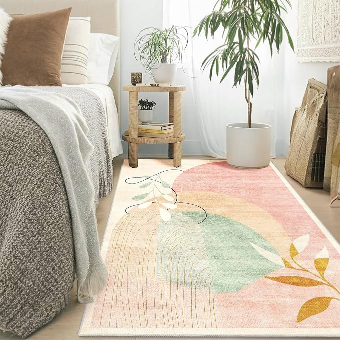 MUJOO 3x5 Washable Rugs,Boho Large Area Rug for Entryway Kitchen Entry Bedroom Bedside Foyer,Small Throw Carpet Indoor Non Slip Mid Century Modern Abstract Botanical Geometric Accent Pink