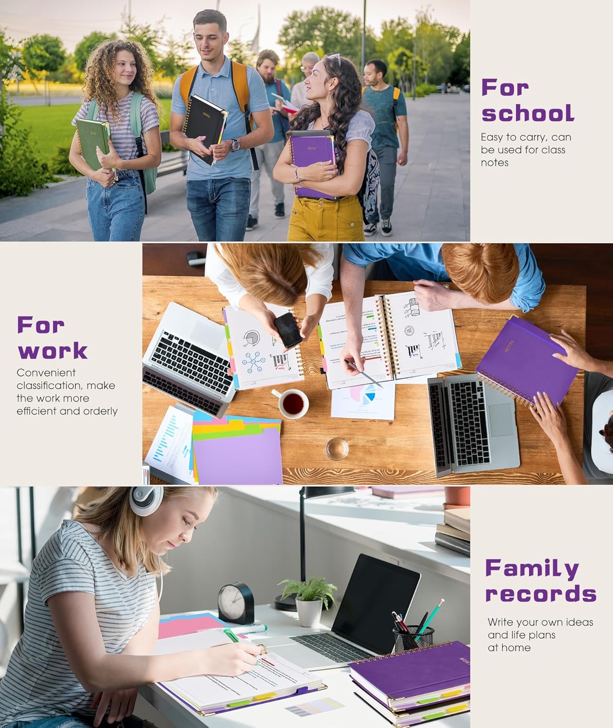 Skiennix Hardcover Spiral Notebook - 300 Pages with Removable Dividers | 8"x10" Dark Purple Journal for Work & School