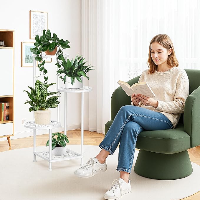 4 Tier Plant Stand Indoor Outdoor, Metal Flower Shelf Display Holder, Multiple Plants Corner Tall Flower Holders for Patio Balcony Porch Garden Living Room (White)