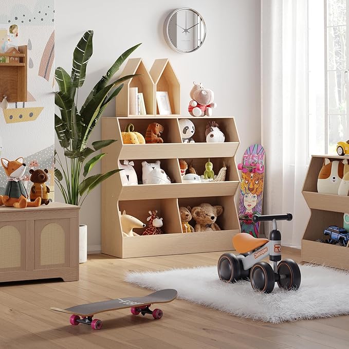 DINZI LVJ Toy Storage Organizer, Kids Bookshelf, Wooden Toy Storage Cabinet, 6 Cubby Children Bookcase, 35.4" L Toddler Book Shelf for Playroom, Living Room, Nursery, Hallway, School, Natural