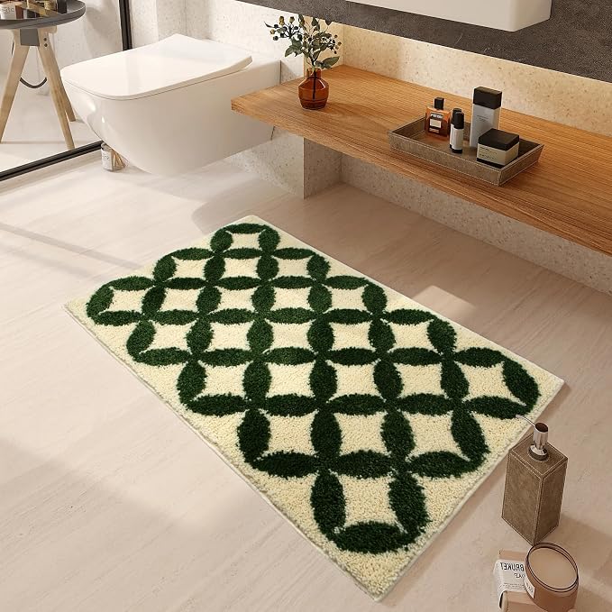 Civkor Green and Cream Bathroom Rug Washable, 24x16Inch Retro Bath Mat for Bathroom with TPR Non Slip Backing, Quick Dry Fluffy Microfiber Piles, Super Water Absorbent Thin Bath Rug Fit Under Door