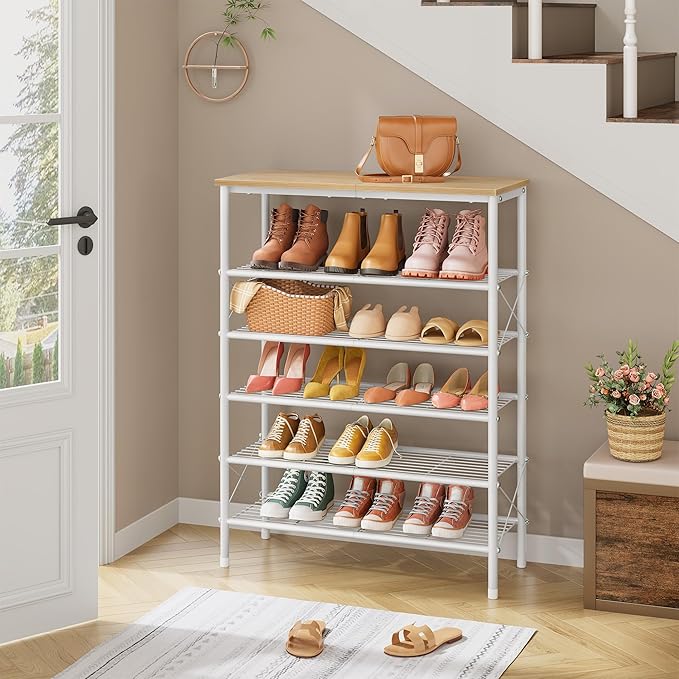 Tajsoon 6 Tier Shoe Rack Organizer for 20-24 Pairs of Shoes, Metal Mesh Shoe Shelf for Closet, Industrial Shoe Rack for Entryway Shoe Storage with X Shape Fixed Frame, White & Log
