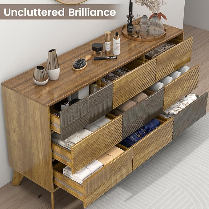 Hadulcet Wooden Dresser for Bedroom, 55” Long Mid Century Modern Fluted 9 Drawers Dresser Storage Clothes for Closet Organizer, Handleless Design, Push to Open, Dark Wood