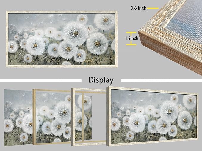 Ardemy Dandelion Wall Art Large Framed Floral Canvas Art Wall Decor Living Room Flower Paintings Pictures Textured Artwork For Walls Dining Room Bedroom Home Office, 48"x24"