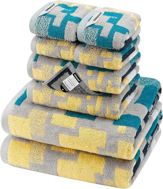 SEMAXE Bath Towel Set, 8 Piece Towel Set for Bathroom, Quick Dry Cotton Towels with Hanging Loops, Easy Care, Geometric Pattern